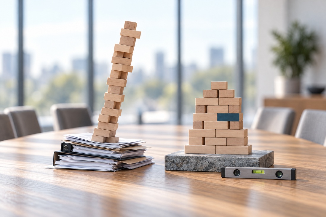 Kippender Holzbausteinturm neben einem stabilen Aufbau auf einer Steinplatte, Sinnbild für tragfähige Geschäftsfelder im Business Development.