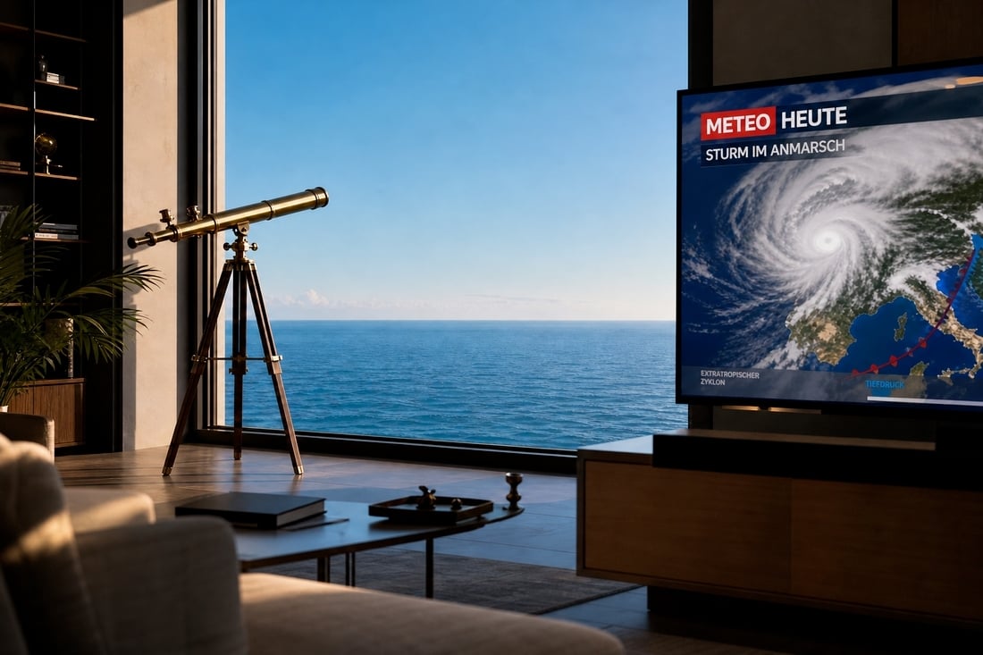 Offenes Fenster mit Sicht auf blauer See und einem Fernrohr sowie einer Sturmwarnung im Fernseher