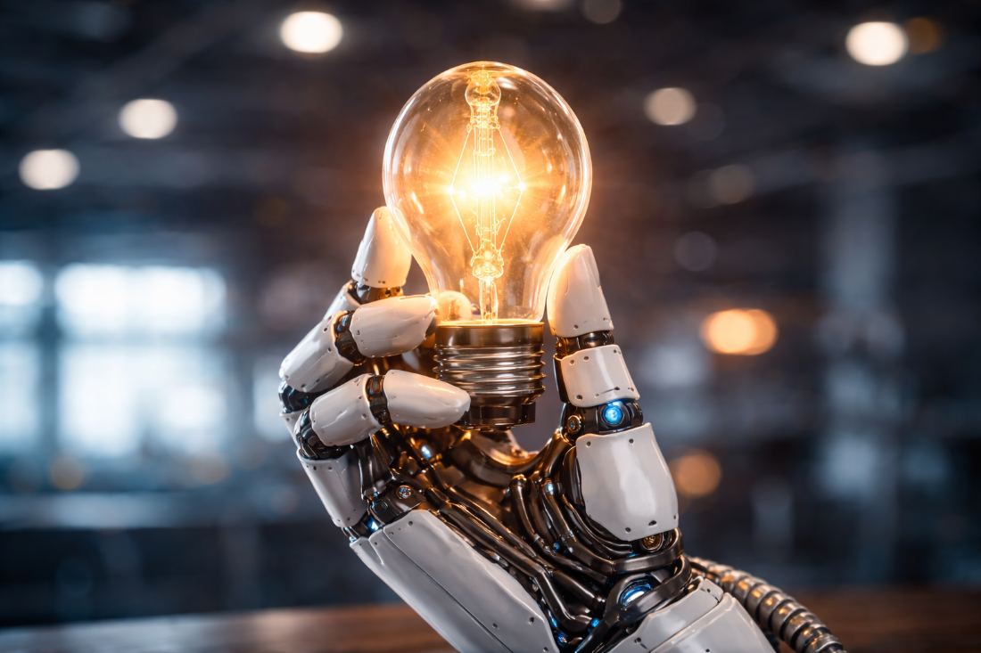 Roboterhand mit leuchtender Glühbirne als Visualisierung von Innovation Roboterhand mit leuchtender Glühbirne als Visualisierung von Innovation